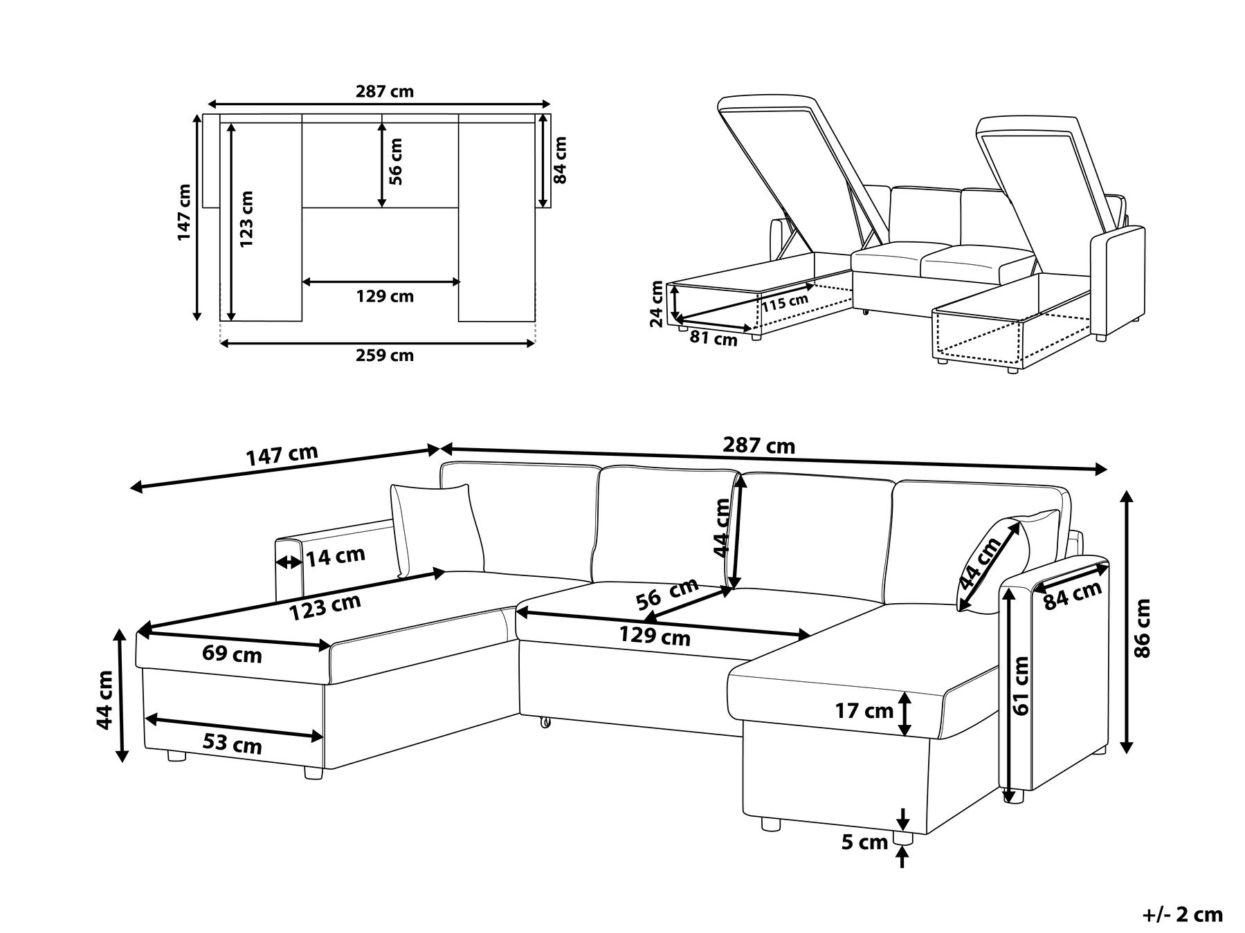 U-Shape Sofa Bed 5 Seater SOMMEN with Storage Fabric Dark Grey_723539