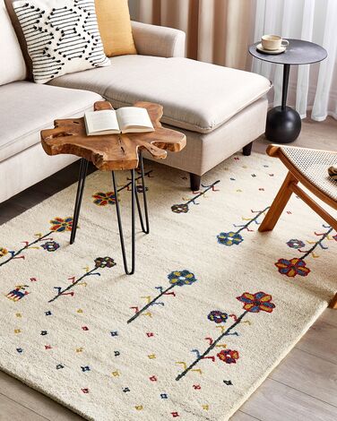 Wool Gabbeh Area Rug with Floral Pattern 140 x 200 cm Beige HUSUNLU