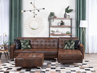 Left Hand Faux Leather Corner Sofa with Ottoman Brown ABERDEEN