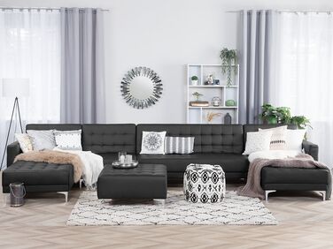 6 Seater U-Shaped Modular Faux Leather Sofa with Ottoman Black ABERDEEN