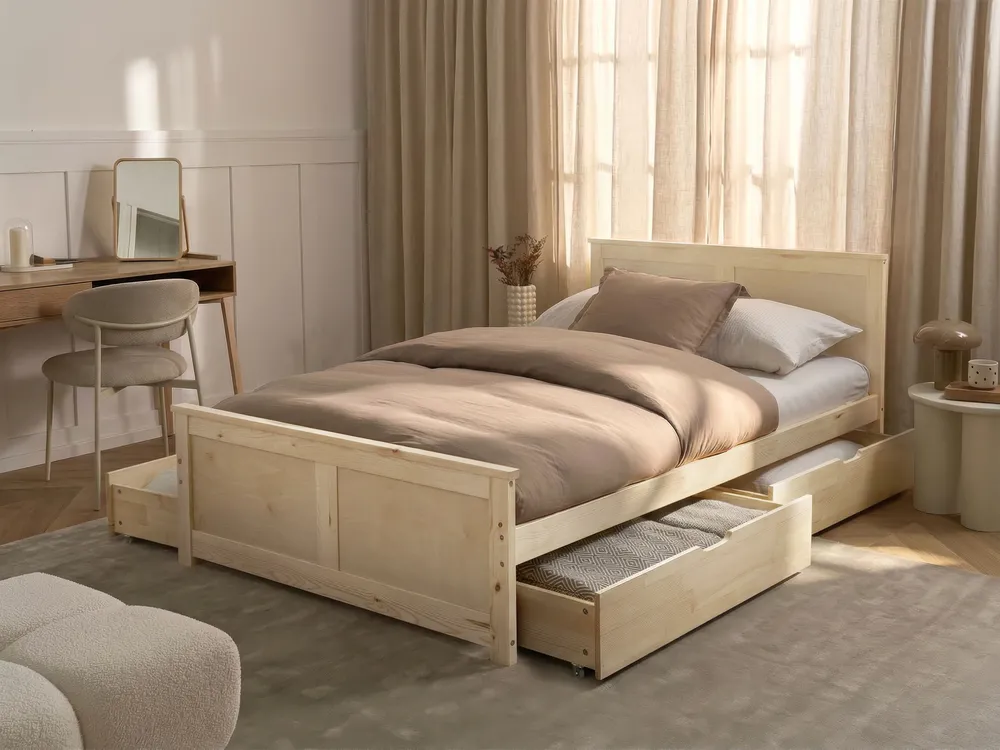 Bed with 4 Drawers DAUPHIN Pine Wood Light Brown 120 x 200 cm (EU Small Double)_1059792