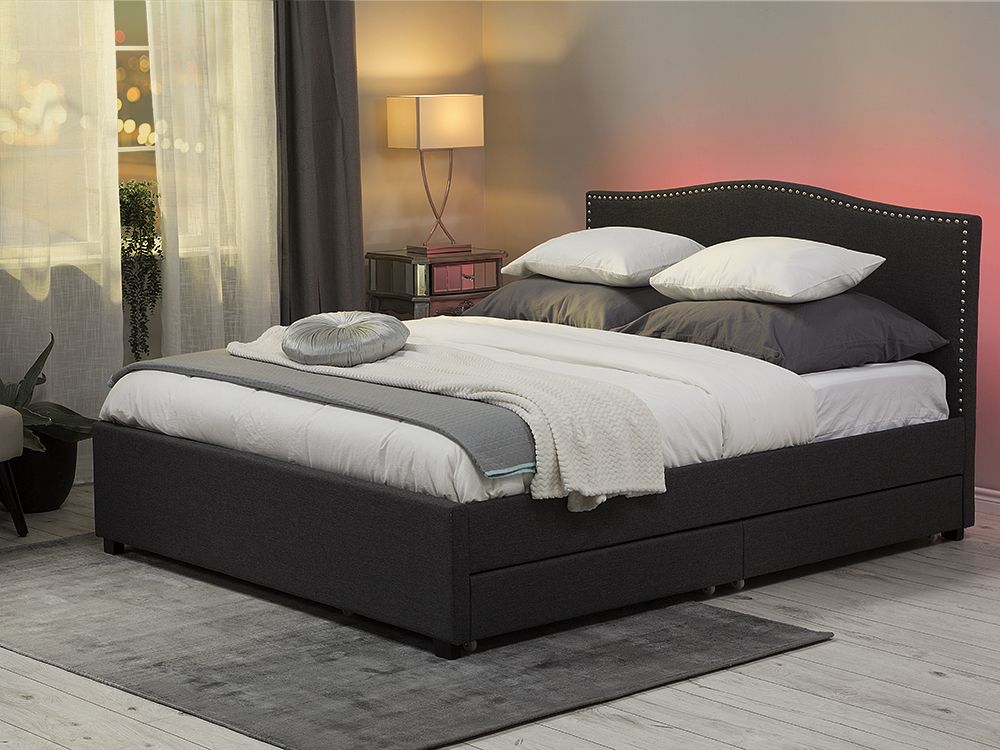 Lit avec tiroirs de rangement MONTPELLIER Tissu Gris 160 x 200 cm LED
