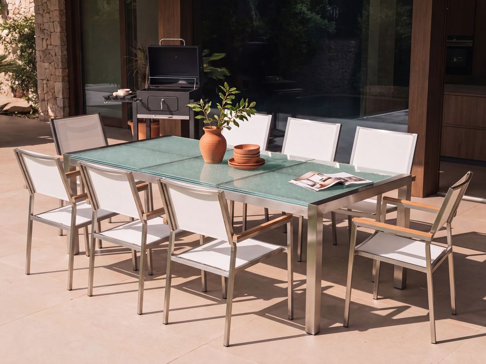 Salle à manger de jardin 8 places GROSSETO Verre fissuré Transparent/blanc