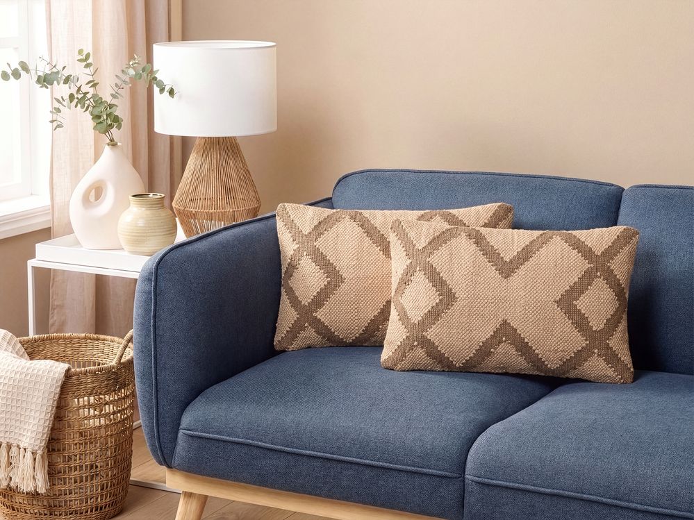 Set of 2 Decorative Cushions GOPI 30 x 50 cm Jute Beige Geometric Pattern