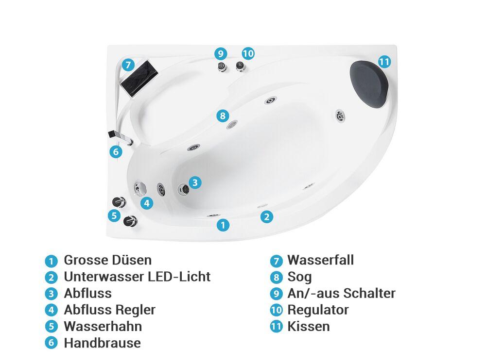 Whirlpool Badewanne Eckmodell mit LED NEIVA 150 x 100 cm Weiss rechtsseitig_796693
