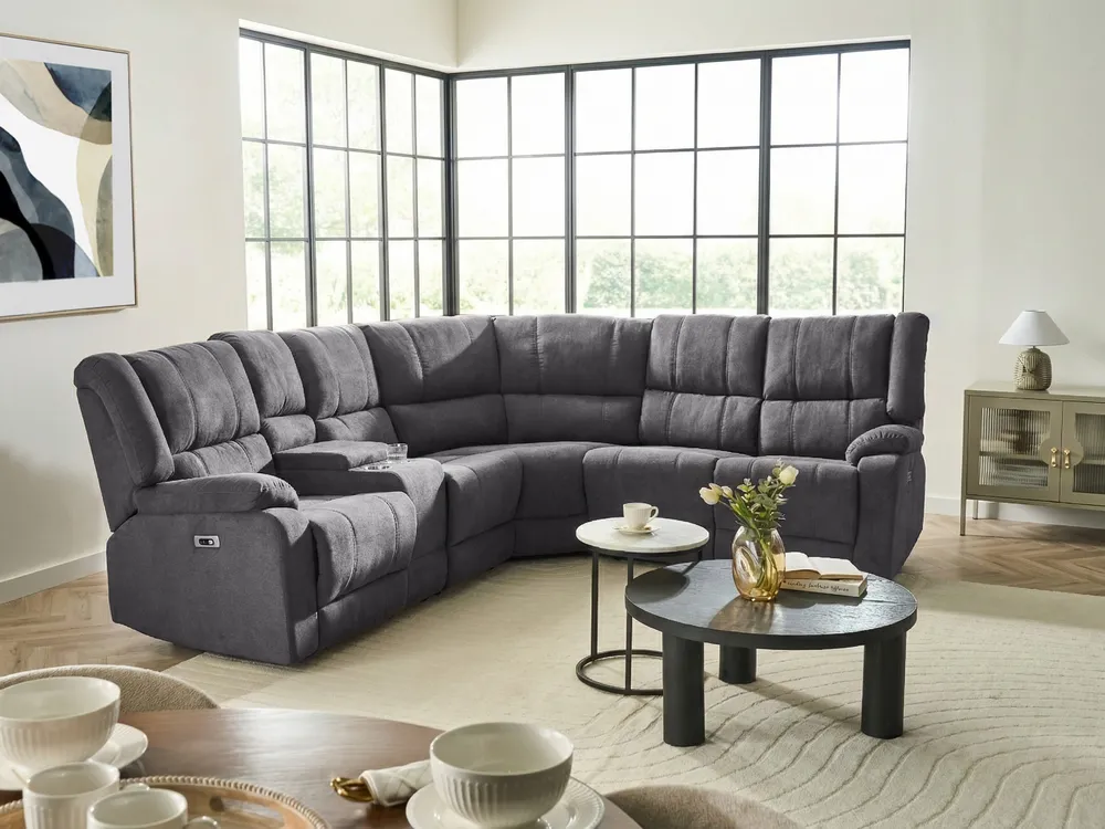 Elektromosan hátradönthető sarokkanapé 5 személyes ROKKE  Szürke USB porttal Bal oldali