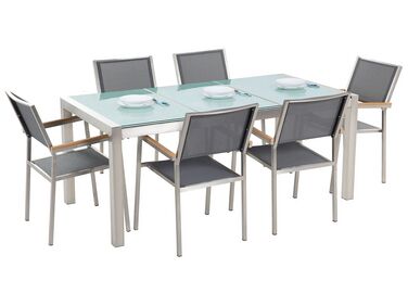 6 Seater Garden Dining Set Triple Plate Cracked Ice Glass Top with Grey Chairs GROSSETO