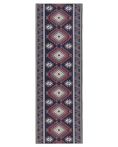 Teppich dunkelblau / dunkelrot 80 x 240 cm orientalisches Muster Kurzflor KANGAL