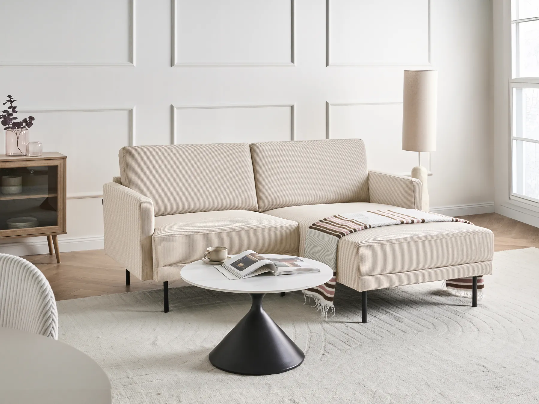 Corner Sofa 2 Seater BREDA Corduroy Beige Left Hand_1004358