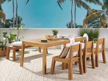 6 Seater Acacia Wood Garden Dining Set Table Bench and Chairs LIVORNO