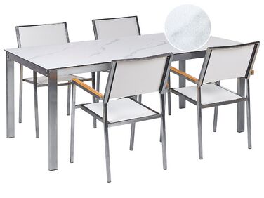 Négyszemélyes márványhatású üveg étkezőasztal fehér székekkel COSOLETO/GROSSETO