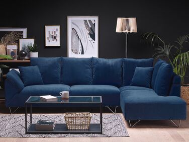 Left Hand Corduroy Corner Sofa Navy Blue LUNNER