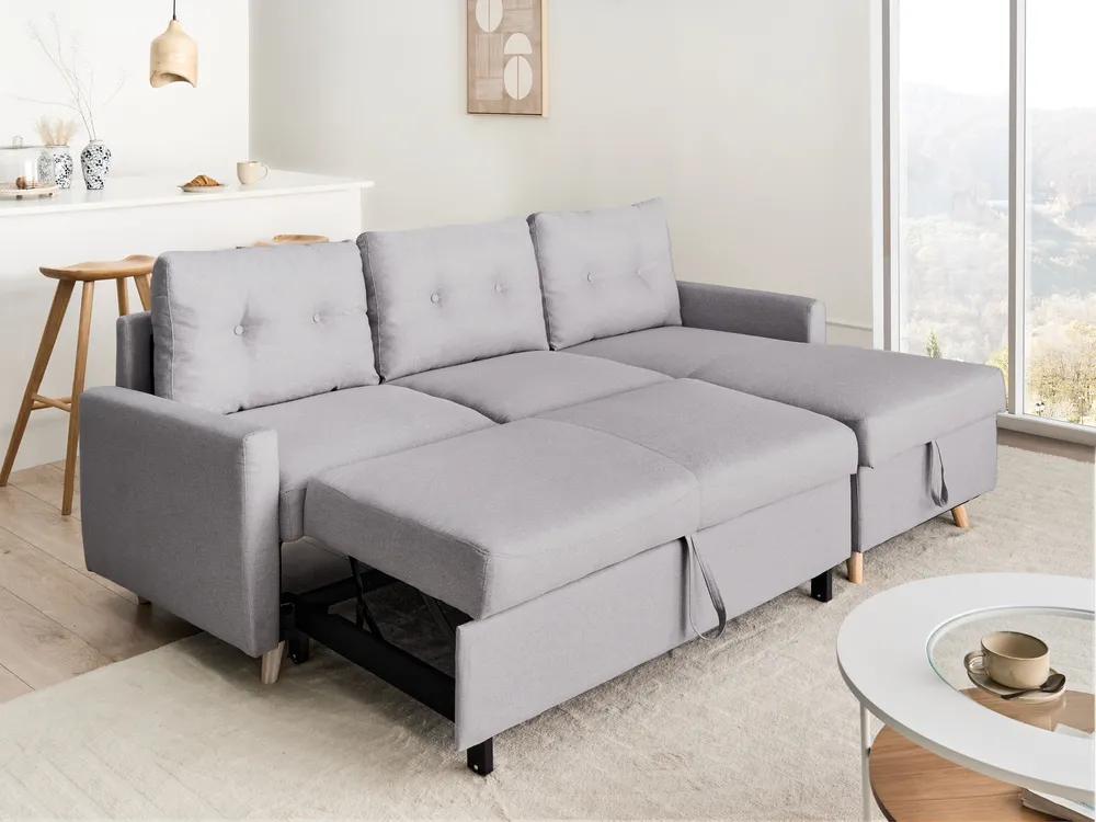 Corner Sofa Bed 4 Seater FLAKK with Storage Fabric Light Grey Left Hand_989375
