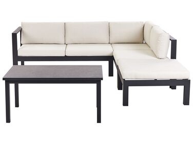 Lounge Set 3-teilig Aluminium schwarz 5-Sitzer Auflagen cremeweiß MESSINA