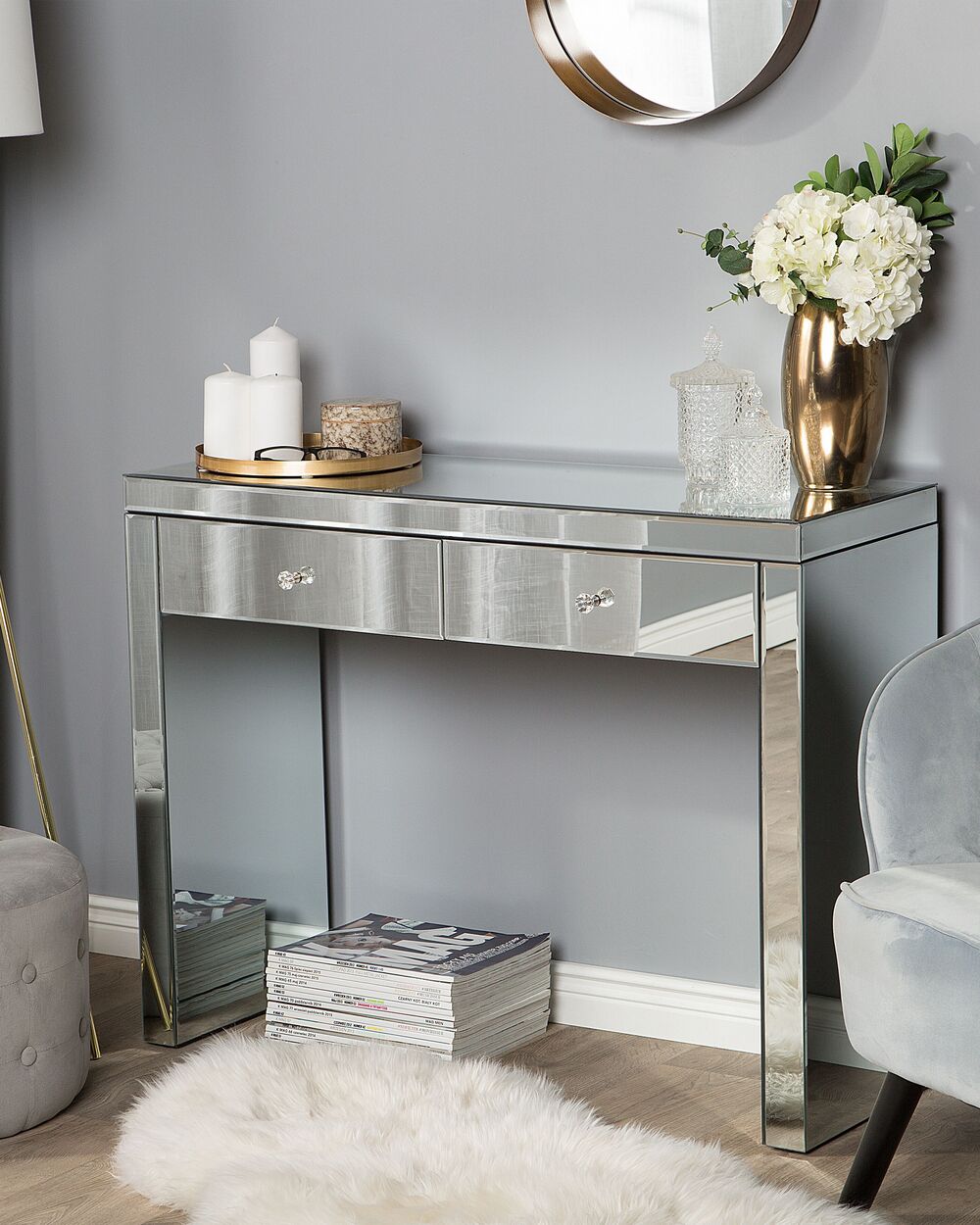 Silver mirrored dressing table deals