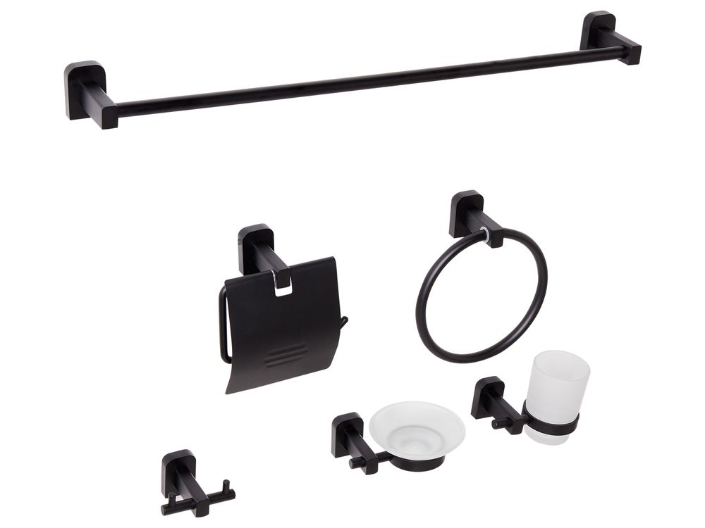 Conjunto de 6 acessórios para casa de banho POCONE com toalheiros de barra e ganchos Preto