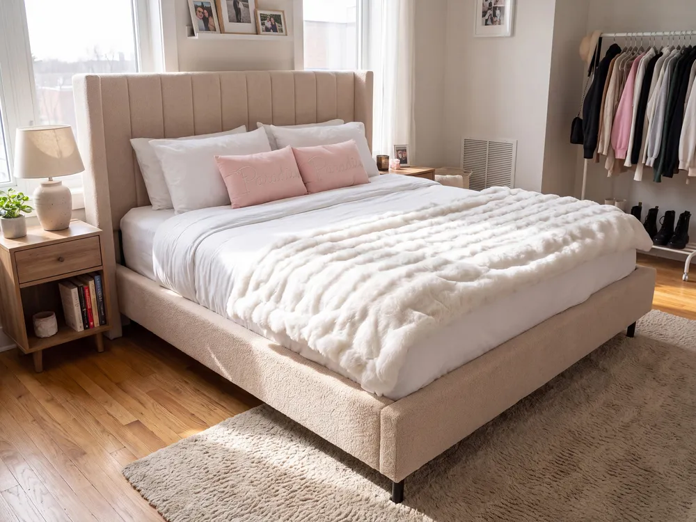 Bed Boucle VILLETTE 140 x 200 cm (EU Double) Beige_1153758