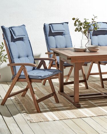 Set of 6 Acacia Wood Garden Folding Chairs Dark Wood with Blue Cushions AMANTEA