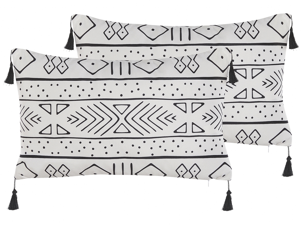 Set of 2 Velvet Cushions Geometric Pattern 30 x 50 cm White and Black SCHEFFLERA Beliani