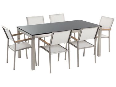 Conjunto de jardín mesa con tablero de piedra natural pulida negra 180 cm, 6 sillas de tela blanca GROSSETO