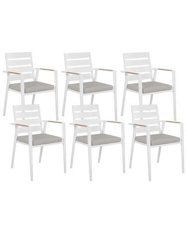 Set di 6 sedie da giardino metallo bianco con cuscini grigi TAVIANO