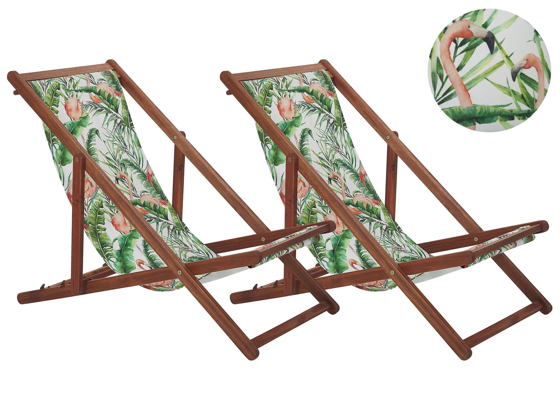 Set of 2 Acacia Folding Deck Chairs and 2 Replacement Fabrics Dark Wood with Off-White / Flamingo Pattern ANZIO_800429