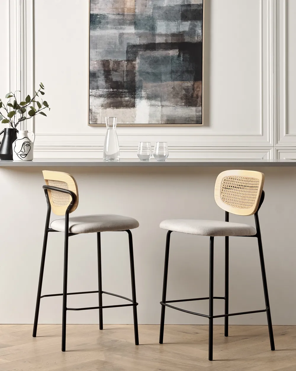 Set of 2 Bar Chairs MAYETTA Rattan Light Beige