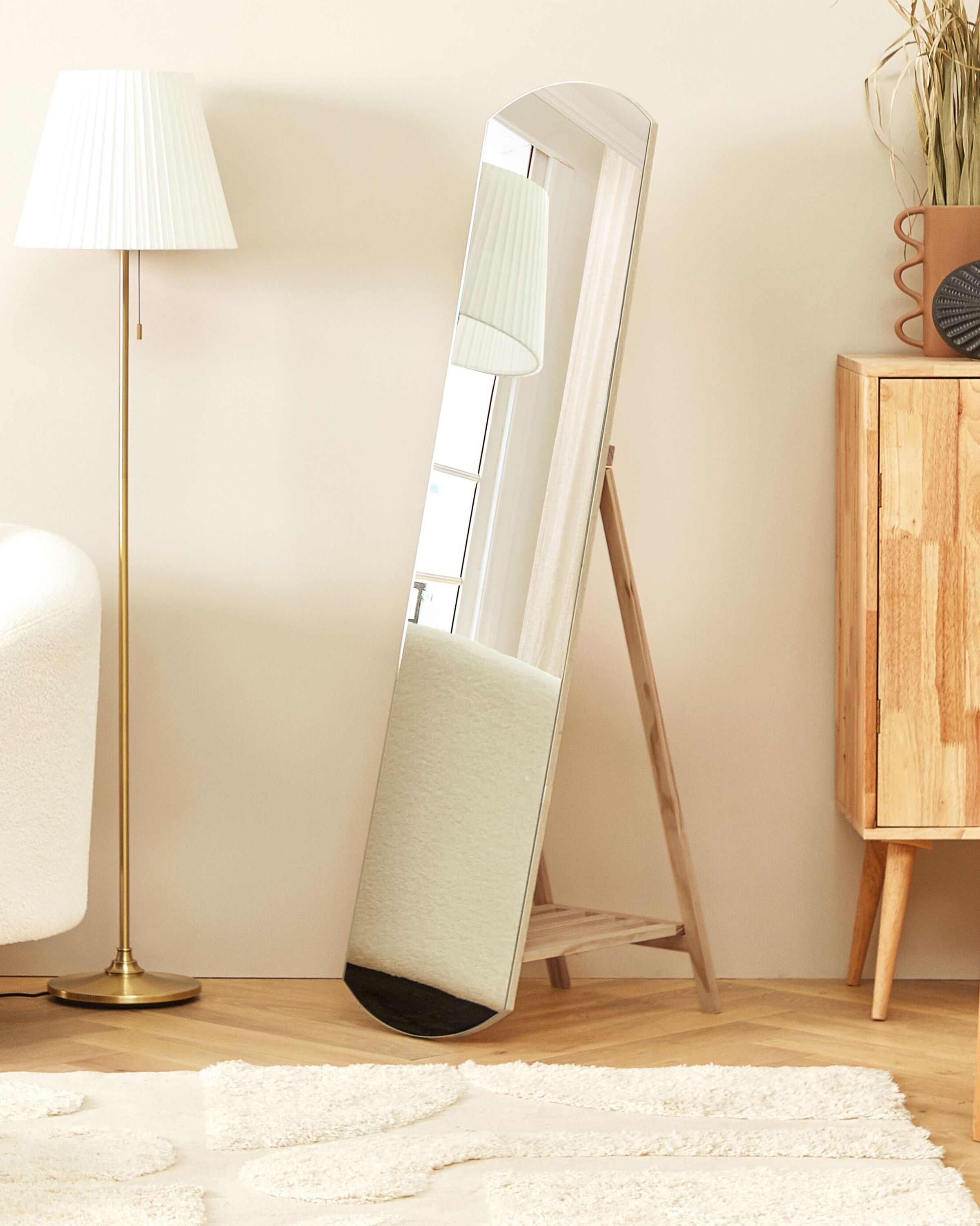 Standing Mirror with Shelf CHERBOURG 150 cm Wood Light Brown | Beliani ...