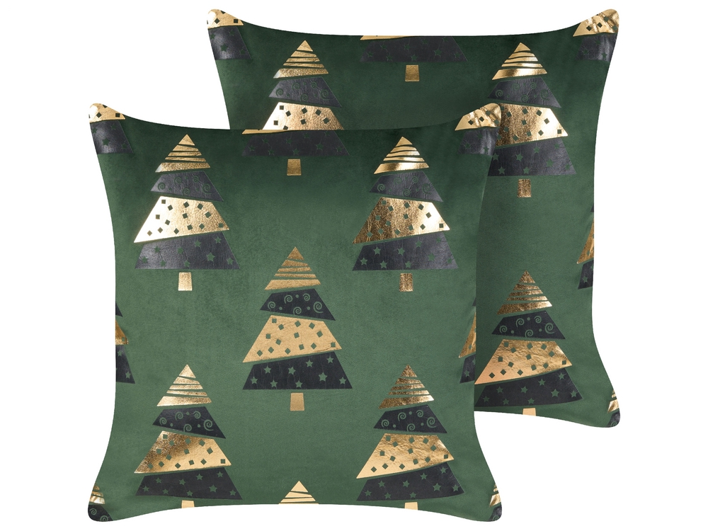 Set of 2 Velvet Cushions Christmas Tree Pattern 45 x 45 cm Green GOLDSPRUCE Beliani.cz