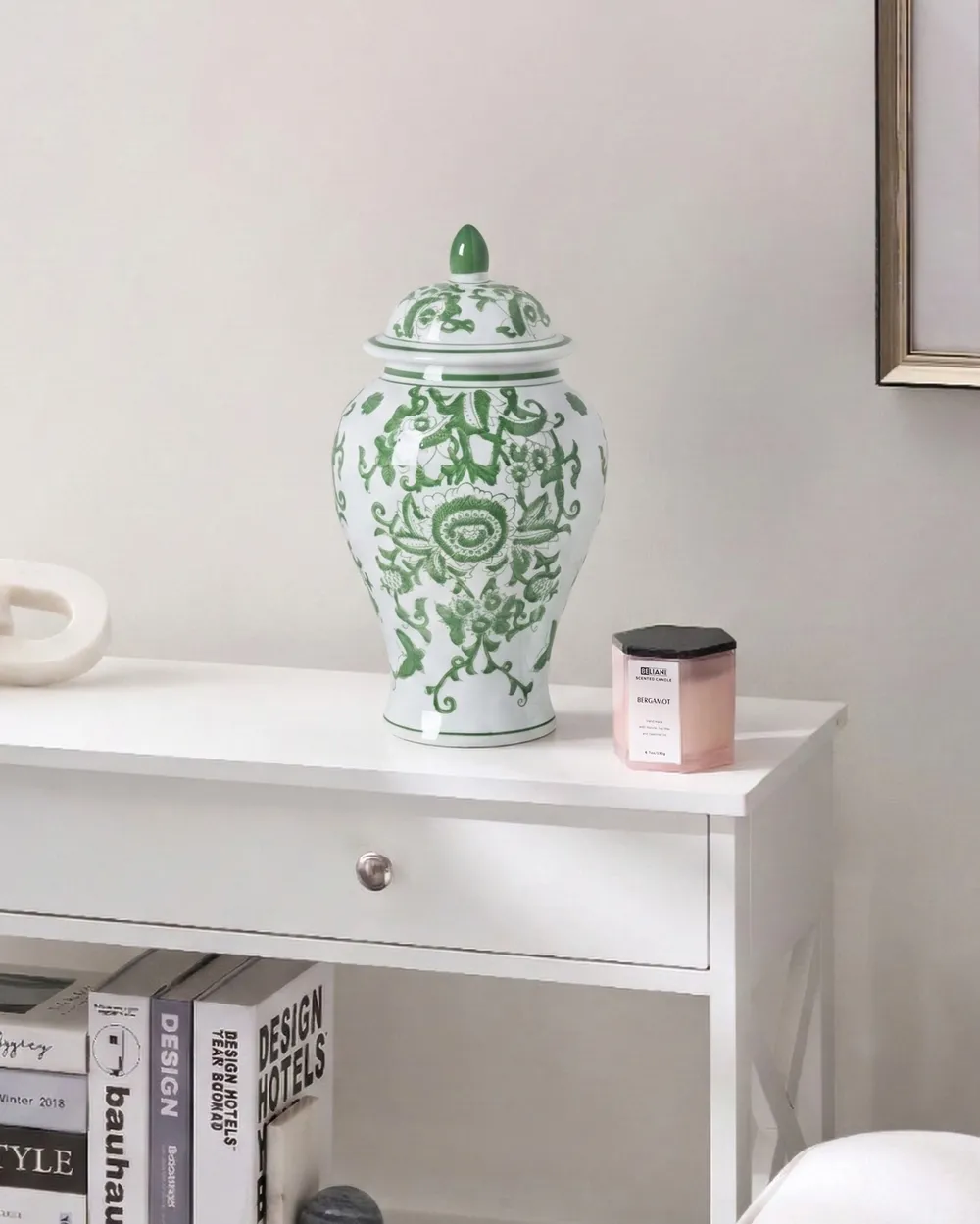 Wazon z pokrywką MONDRAGON 37 cm Porcelana Biały/ zielony