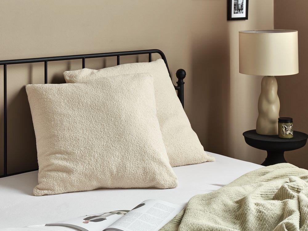 Set of 2 Decorative Cushions LEUZEA 60 x 60 cm Boucle Beige Solid