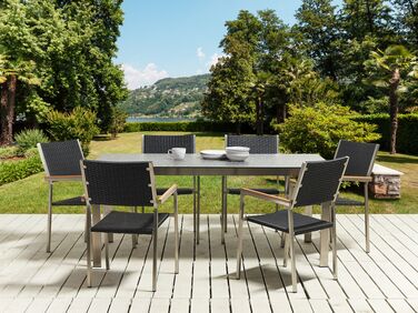 6 Seater Garden Dining Set Black Granite Effect Glass Top with PE Rattan Black Chairs COSOLETO/GROSSETO