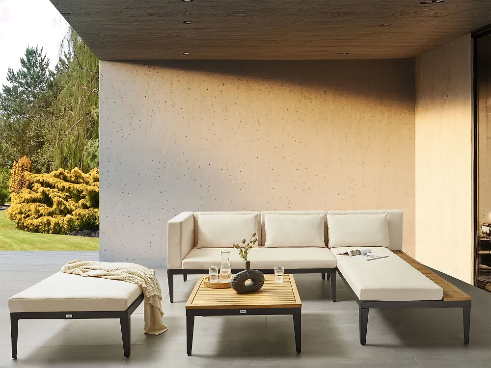 Ensemble de salon de jardin avec table et ottoman 3 places BRACCIANO Bois d'acacia certifié Beige clair Côté gauche_1166669