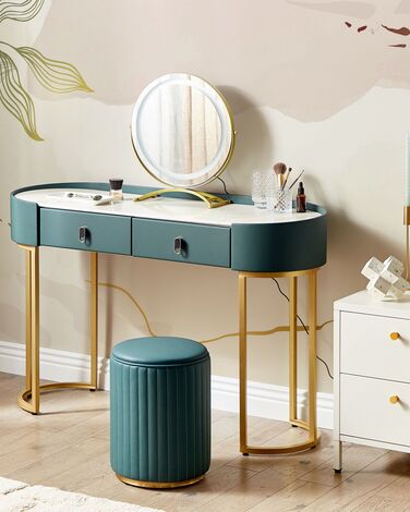 2 Drawers Dressing Table with LED Mirror and Pouffe Dark Green and Gold VINAX