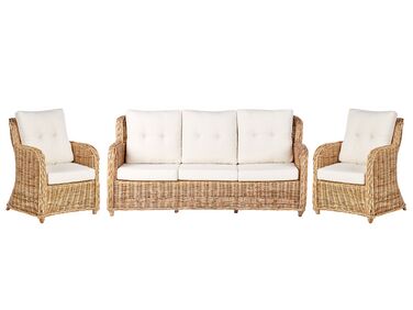 Lounge Set 3-teilig Rattan naturfarben 5-Sitzer Auflagen cremeweiß ALESSANO