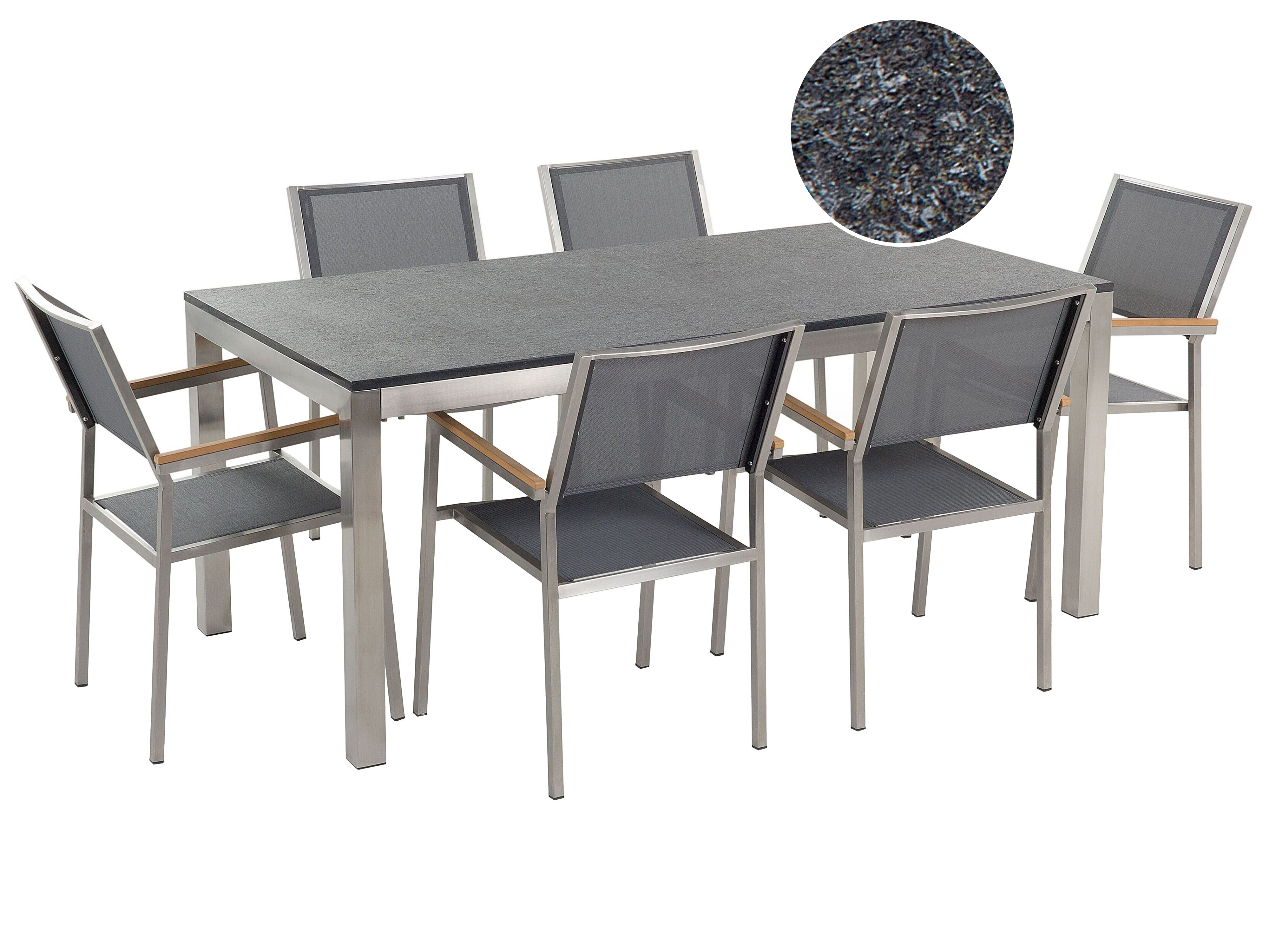 Conjunto de jardín mesa con tablero de piedra natural pulida negra 180 cm, 6 sillas de tela gris GROSSETO_435199