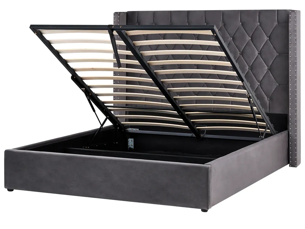 Lit avec coffre en velours beige 160 x 200 cm ROCHEFORT Lit avec coffre en velours beige 160 x 200 cm ROCHEFORT