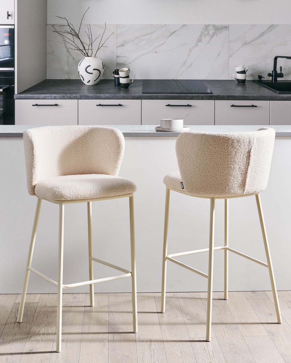 Sæt med 2 barstole MINA II Boucle Lys Beige