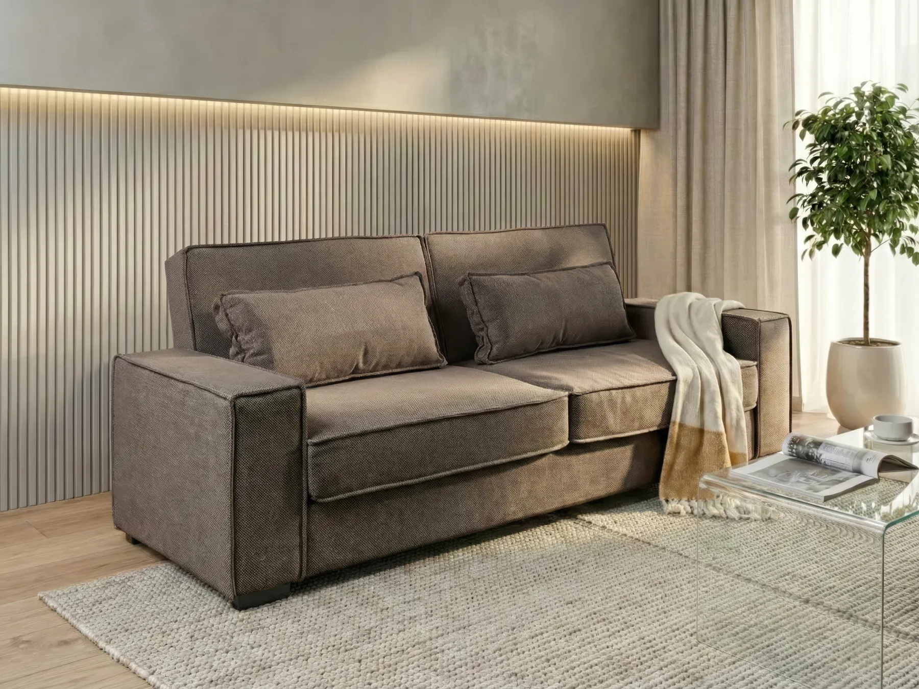 Sofa Bed 3 Seater AROLE Fabric Brown_1056591