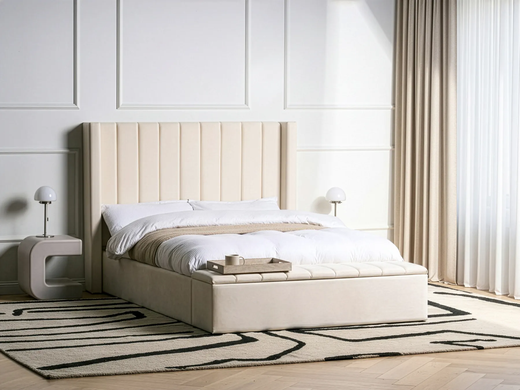Bed with Storage Bench NOYERS Velvet Off-White 140 x 200 cm (EU Double)_1036497