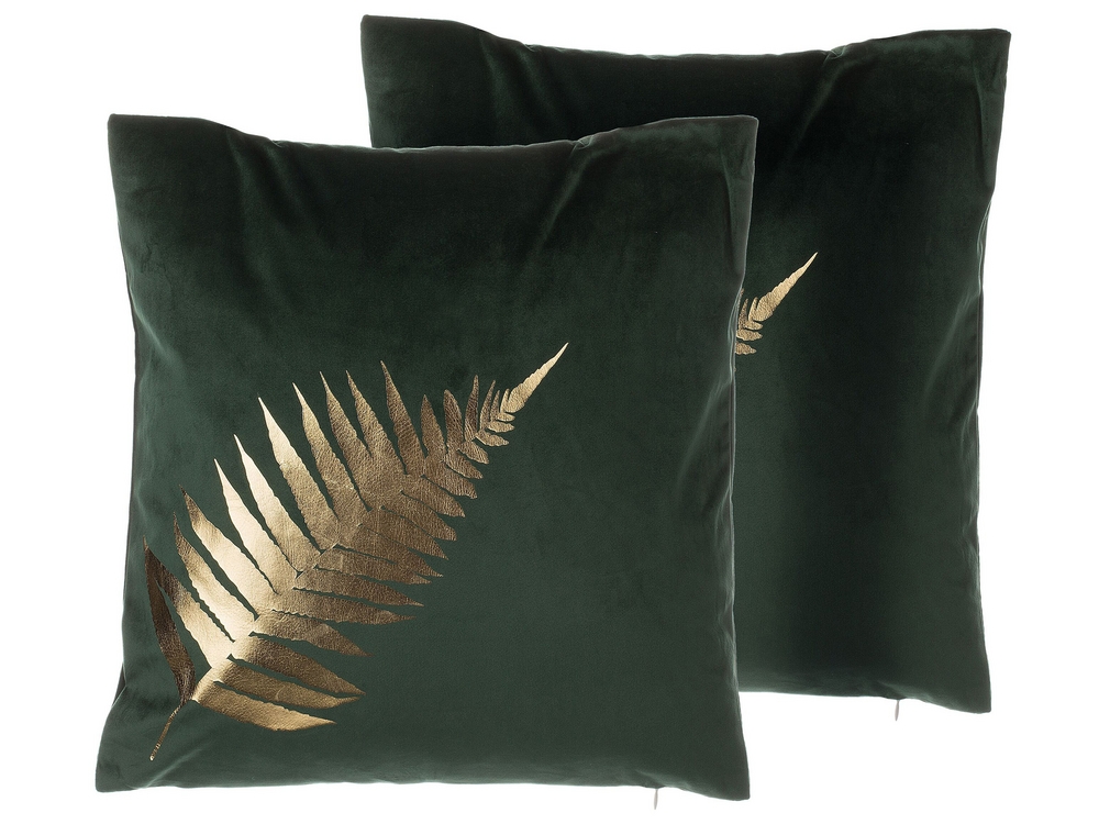 Set of 2 Velvet Cushions Leaf Pattern 45 x 45 cm Green FERN Beliani