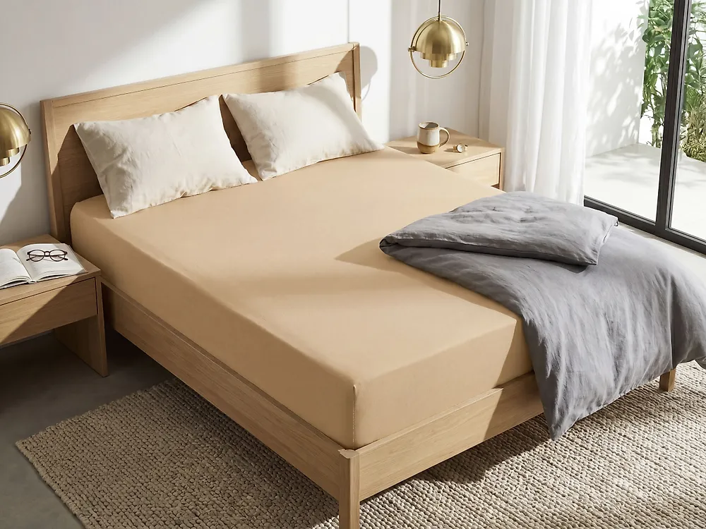 Fitted Sheet JANBU 140 x 200 cm Cotton Beige_1178589