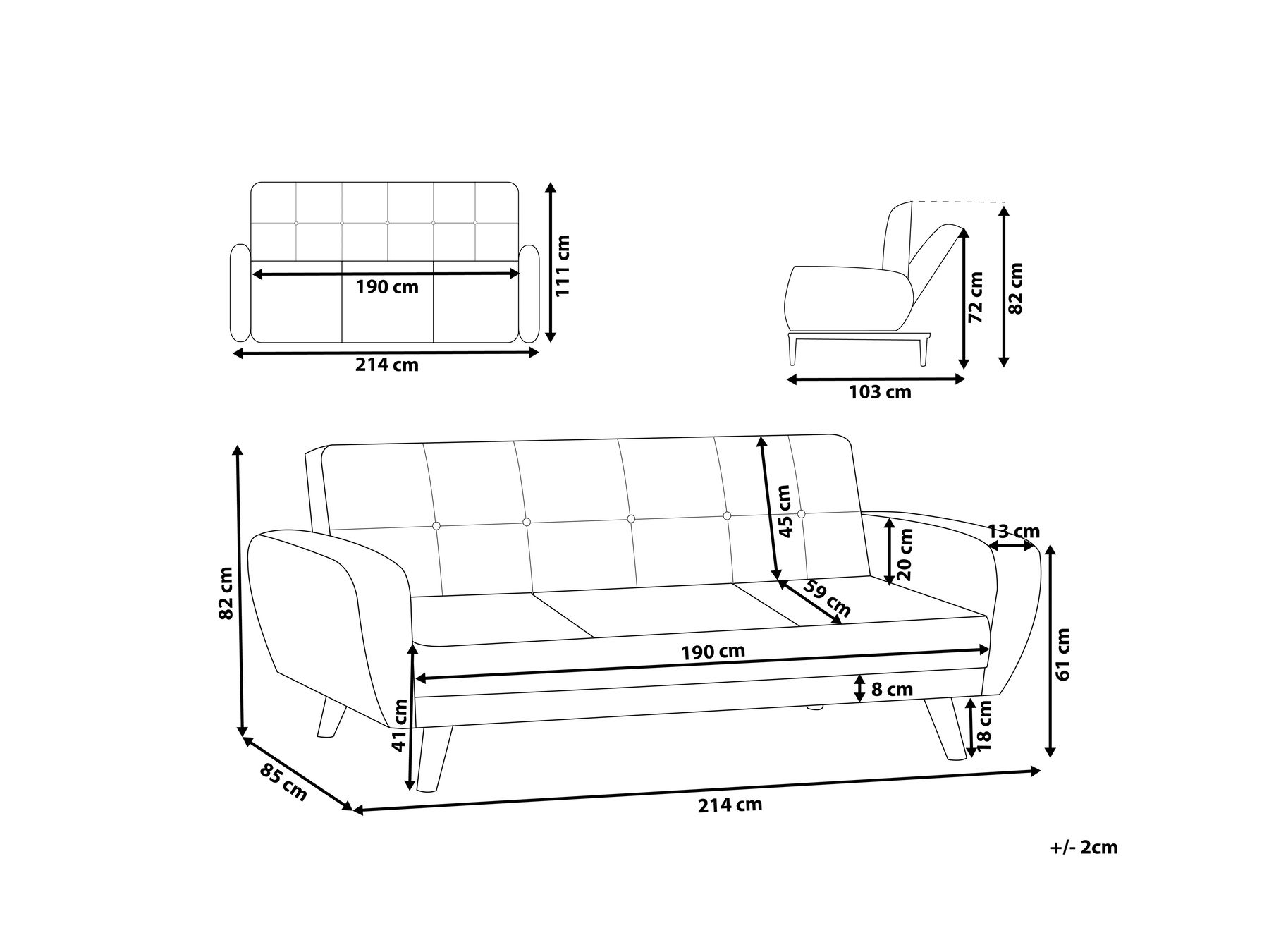Sofa Bed 3 Seater FLORLI Fabric Black_704153