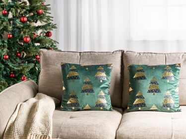 Set of 2 Velvet Cushions Christmas Tree Pattern 45 x 45 cm Green GOLDSPRUCE