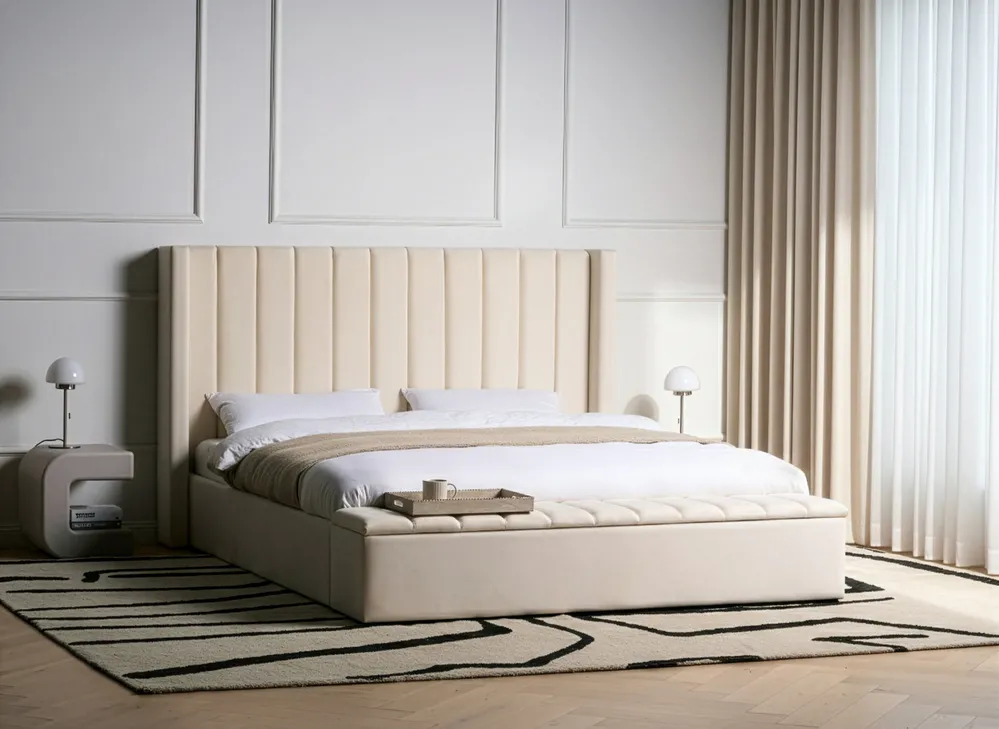 Waterbed with Storage Bench NOYERS Velvet Off-White 180 x 200 cm (EU Super King)