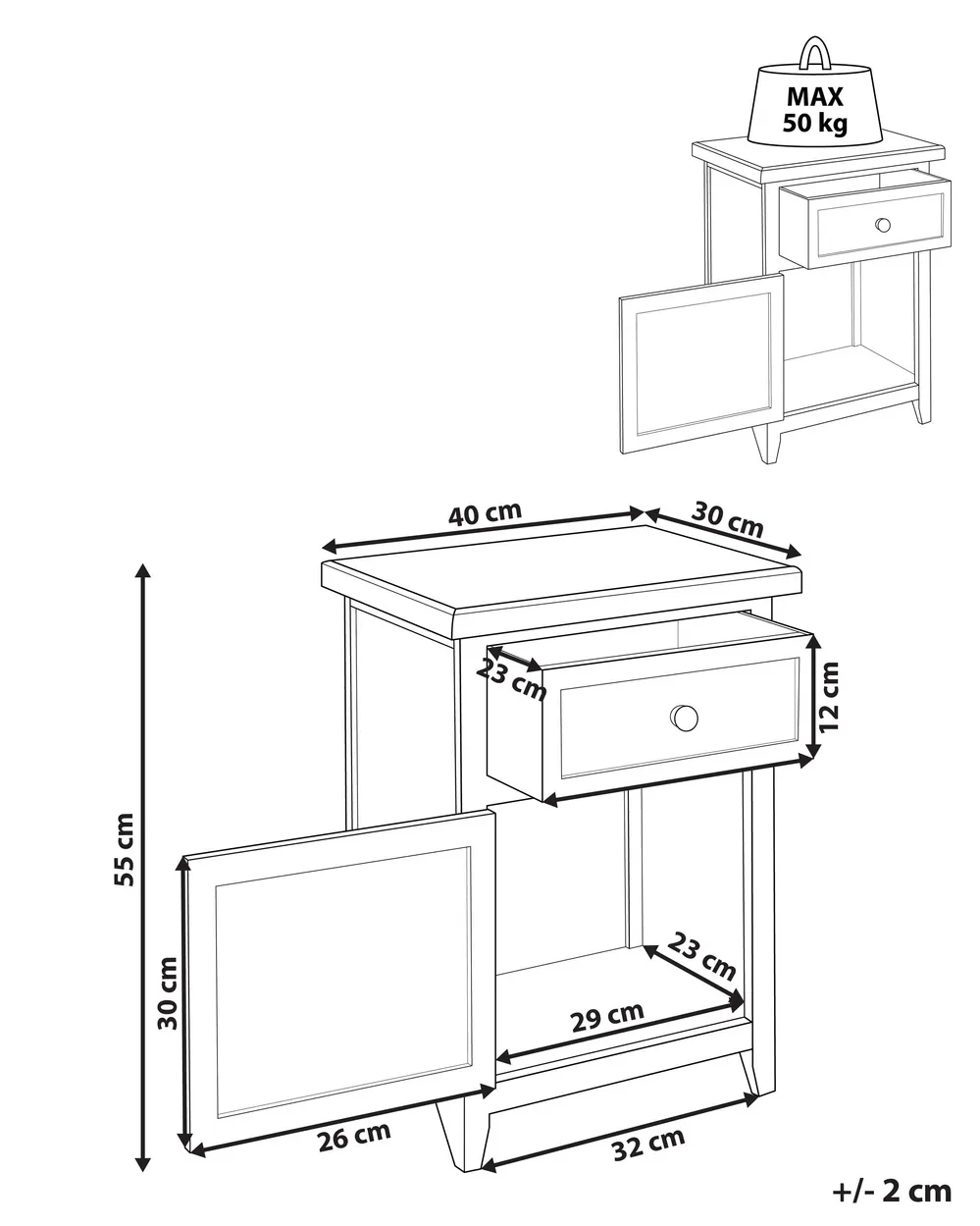 Mesita De Noche IFlair MOG Casa - Tapizada En Piel Sintética, Con Cajón Y Estante De Cristal - Blanco O Negro - ¡Llega Montada!