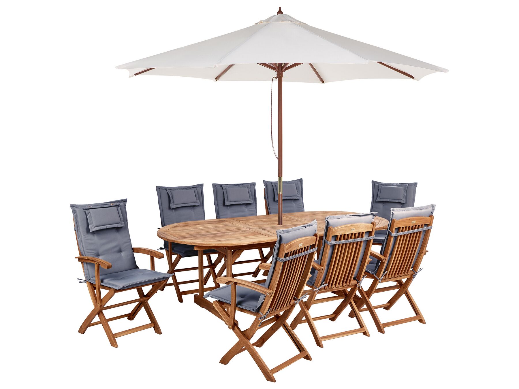 8 Seater Acacia Wood Garden Dining Set with Parasol and Graphite Grey Cushions MAUI II_926995