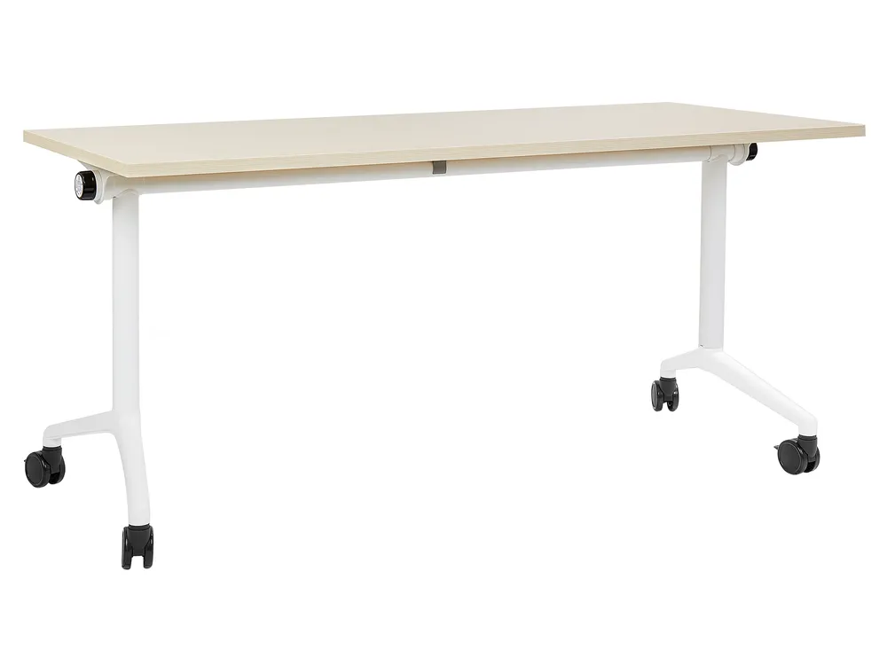 Bureau Pliant Moderne Rectangulaire à Roulettes Mobile 120 X 60 Cm Cadre Metallique Blanc Et Bois Clair Bendi 83832755