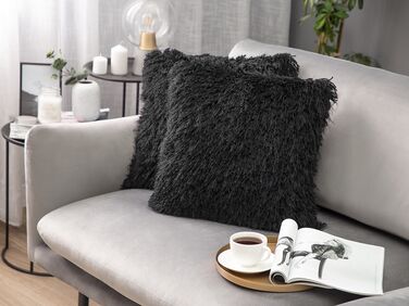 Set of 2 Shaggy Cushions 45 x 45 cm Black CIDE