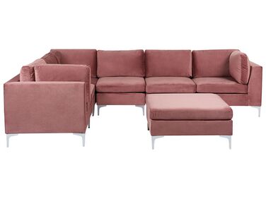 Sofá de canto de 6 lugares em veludo rosa com repousa-pés versão à direita EVJA
